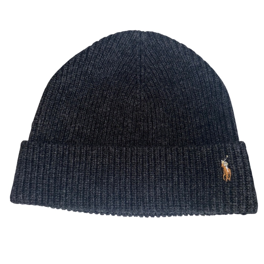 Polo Ralph Lauren Charcoal Grey 100% Merino Wool Ribbed Knit Beanie Hat OS